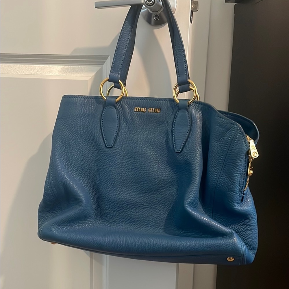 Miu Miu Blue Leather Tote with Gold Hardware